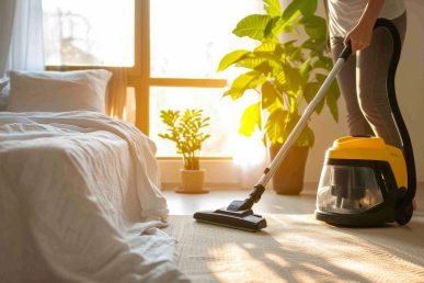 Close up one person cleaning bedroom vacuum cleaner carpet housekeeping home flooring rug sweeping apartment hygiene chores plants herb leisure activity neat routine freshness dirty electric device. High quality photo