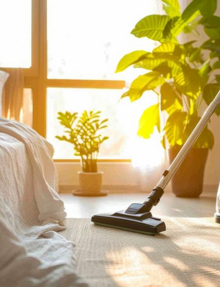 Close up one person cleaning bedroom vacuum cleaner carpet housekeeping home flooring rug sweeping apartment hygiene chores plants herb leisure activity neat routine freshness dirty electric device. High quality photo